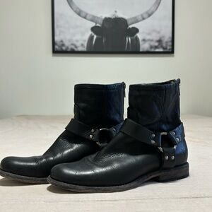 Frye harness boots, black leather, 7.5